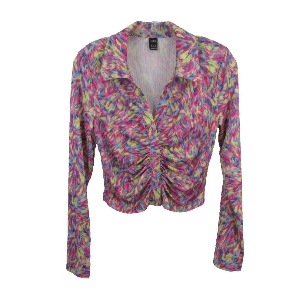 SheIn Retro Button Up Crop Collared Blouse Women L Marbled Multicolor Whimsical